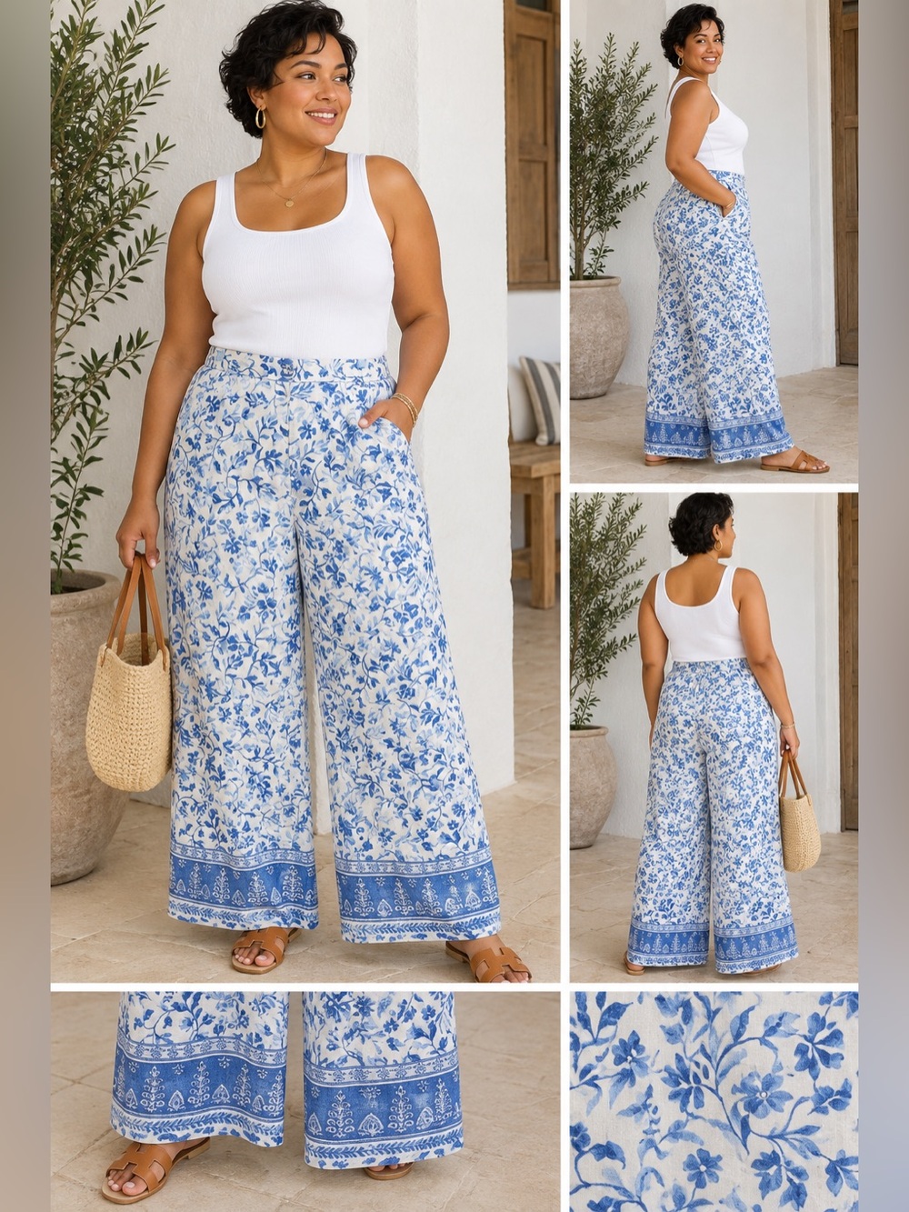 Joie Floral Linen Wide Leg Pants XL Blue White Resort Beach Vacation Boho